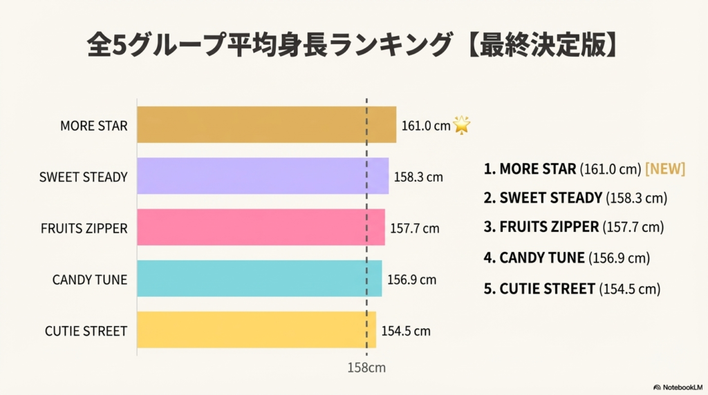 KAWAII LAB.全5グループ（MORE STAR・FRUITS ZIPPER他）の平均身長・最高身長データ比較一覧表