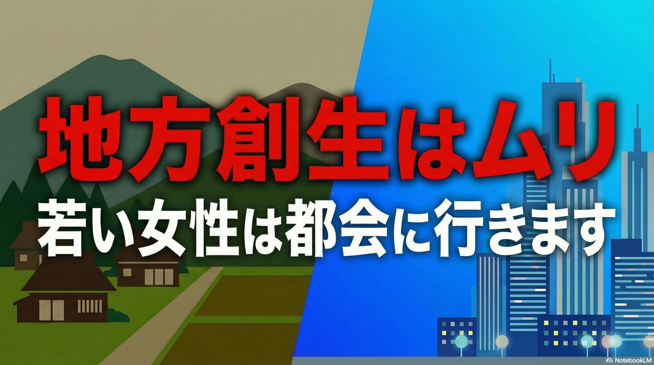 「地方創生はムリ 若い女性は都会に行きます」というタイトル文字と、のどかな田舎と高層ビルのある都会を対比させたイラスト