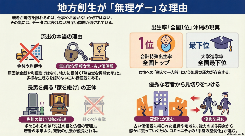 地方創生が「無理ゲー」な理由を図解。金銭や利便性ではなく無自覚な男尊女卑が原因であることや、長男への「家を継げ」というプレッシャーの正体について解説したインフォグラフィック