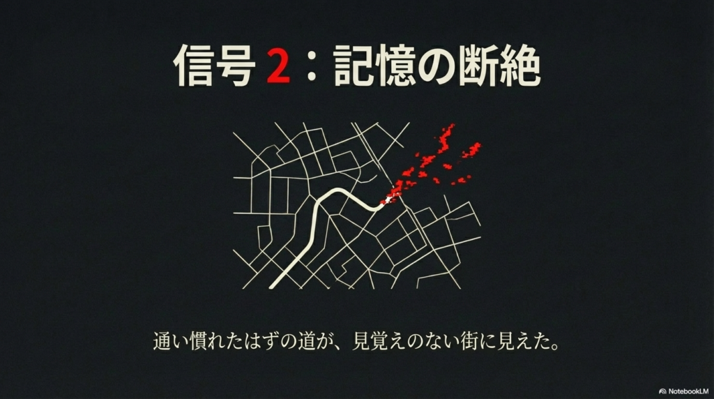 信号2：記憶の断絶。通い慣れたはずの道が見覚えのない街に見えてしまう地図のイメージ