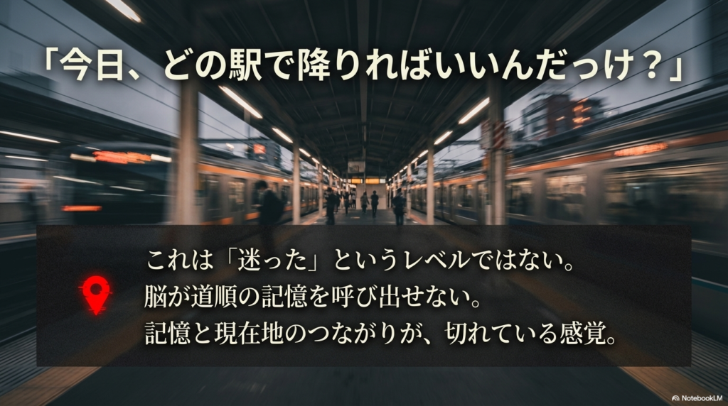 通勤電車のホームで「今日、どの駅で降りればいいんだっけ？」と分からなくなる様子