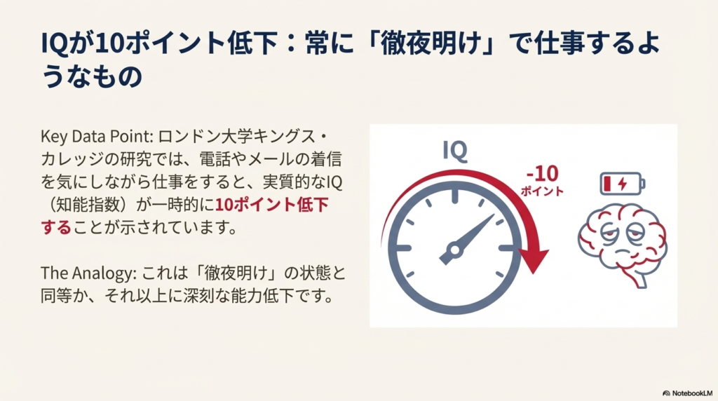 Alt属性: 電話やメールの着信を気にするとIQが10ポイント低下するというロンドン大学の研究結果グラフ