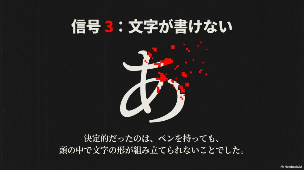 信号3：文字が書けない。頭の中でひらがなの形が組み立てられず崩れていくイメージ