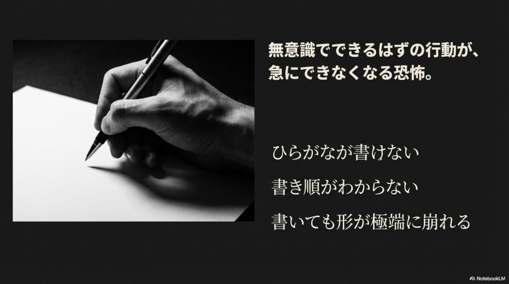無意識でできるはずの「書く」という行動が急にできなくなる恐怖を表した写真