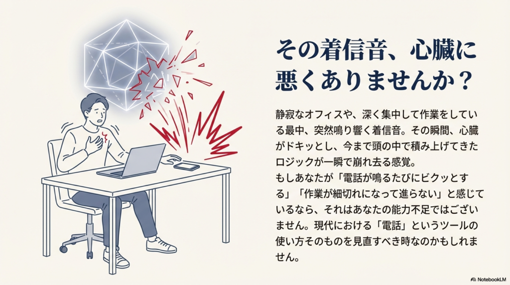 Alt属性: オフィスの電話の着信音が心臓への負担と集中力低下を招くイメージイラスト