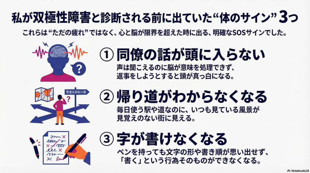 心と脳の悲鳴を無視して「疲れているだけ」「そのうち慣れる」と思い込んでいた当時の思考イメージ