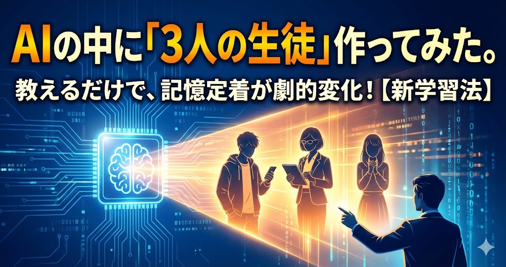 AIの脳内チップから投影された3人の仮想生徒に、先生役の男性が教えている様子。タイトル文字「AIの中に『3人の生徒』作ってみた。教えるだけで、記憶定着が劇的変化！【新学習法】」