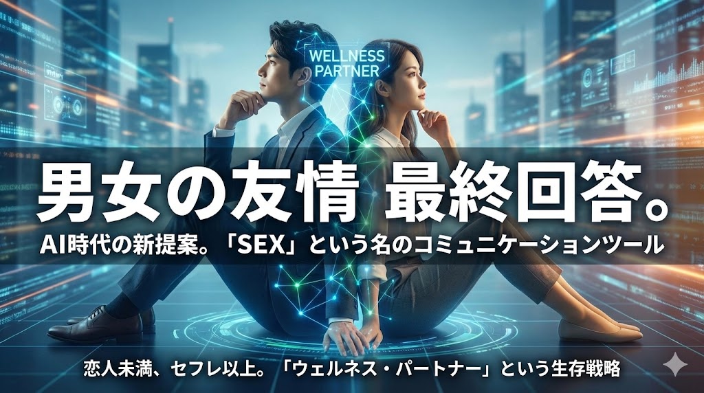 未来的な都市を背景に背中合わせで座るビジネスウェアの男女。二人の間には青い神経回路のような光が走っており、「WELLNESS PARTNER」という文字が浮かんでいる。