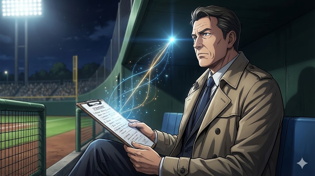 野村克也監督の教えを象徴する、野球のベンチでデータ（クリップボード）を手に思考を巡らせる男性と、頭脳から放たれる直感の光のイラスト