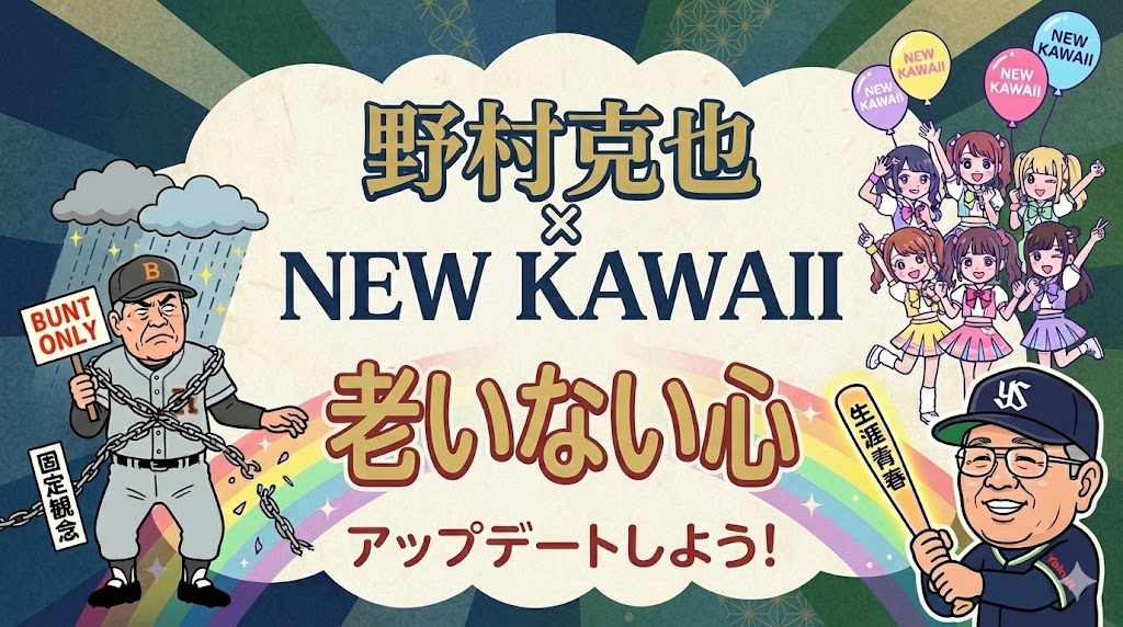 野村克也とFRUITS ZIPPER『NEW KAWAII』のコラボイラスト。「老いない心 アップデートしよう！」のタイトル文字。固定観念に縛られた20代の指導者と、笑顔の野村監督の対比。