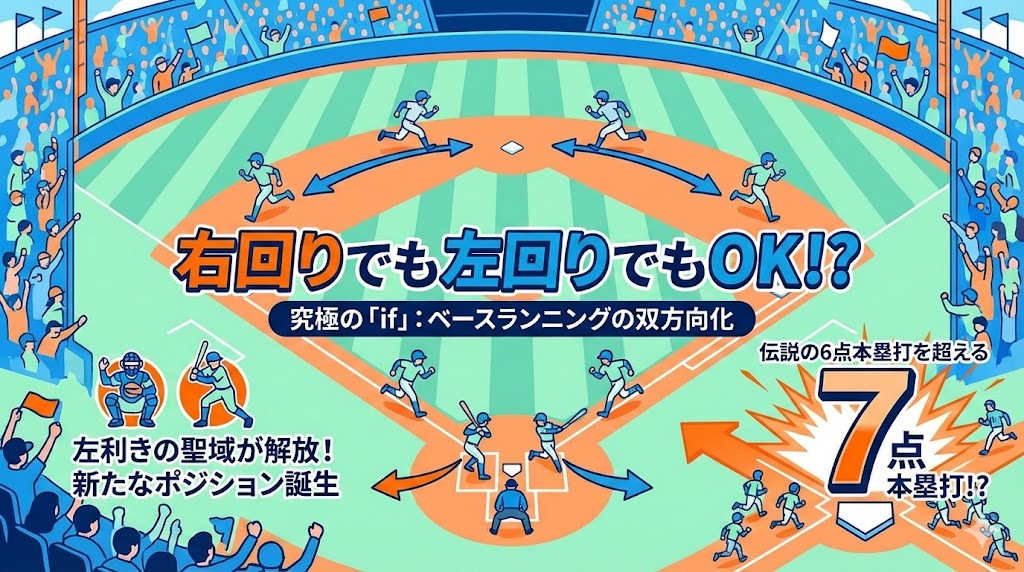 野球のベースランニングが左右両方向可能になった新ルールを妄想するイラスト