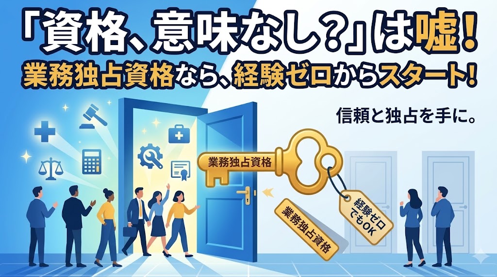 「資格、意味なし？は嘘！」というテキストと共に、「業務独占資格」と書かれた黄金の鍵が医療や法律などのアイコンが浮かぶ青い扉を開き、ビジネスパーソンたちが新しい道へ進んでいくイラスト（image_61fea0.jpg）