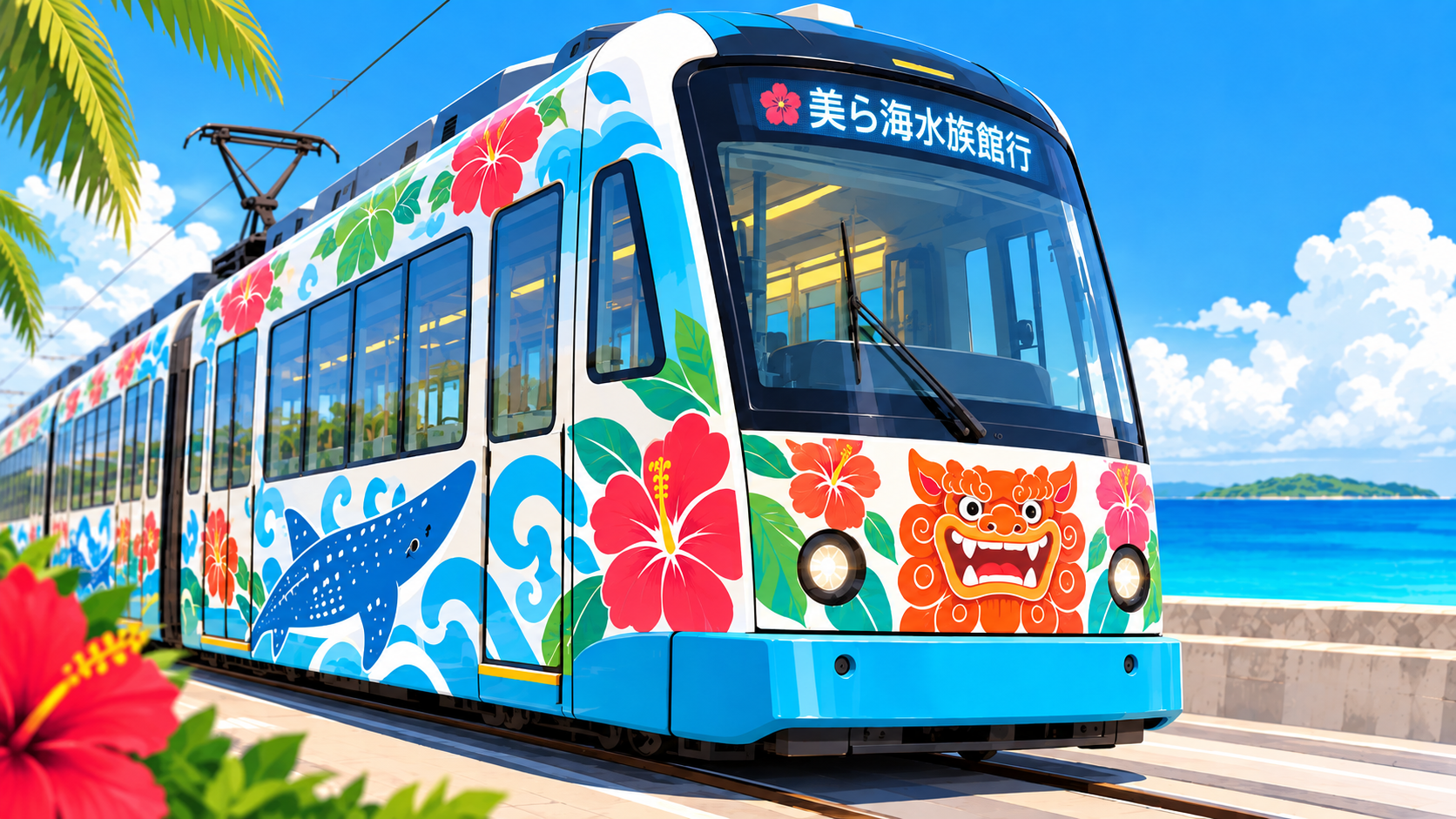 沖縄いっぱいに路面電車をはりめぐらせよう.pngに描かれた、青い海とヤシの木を背景に海岸沿いを走る「美ら海水族館行」の路面電車のイラスト。車体には大きなハイビスカスやジンベエザメ、シーサーの顔が鮮やかにデザインされている。