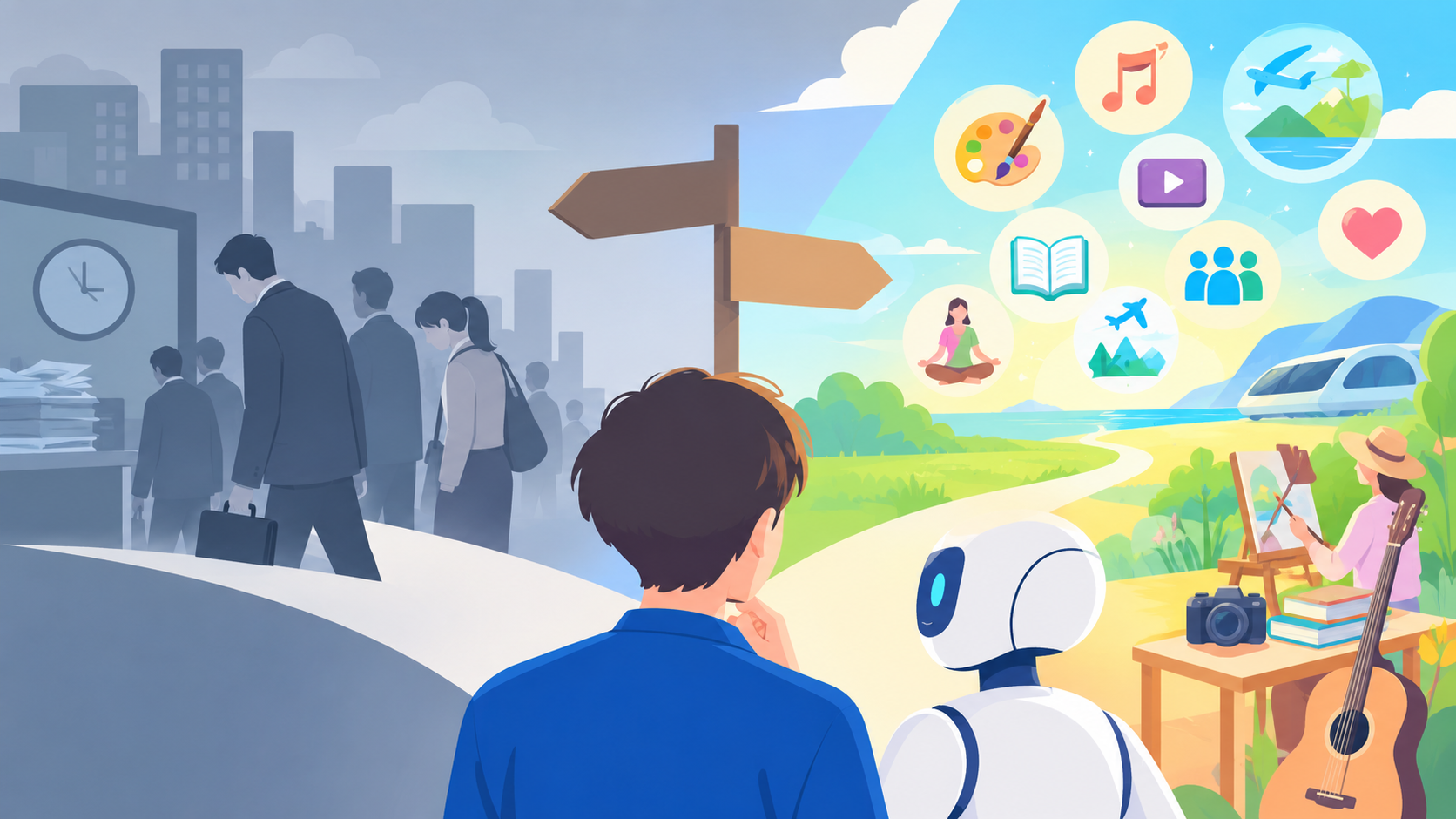 AIロボットと共に、暗い労働社会と趣味や娯楽が広がる明るい自由な社会の分岐点に立ち、未来の生き方を見つめる男性のイラスト