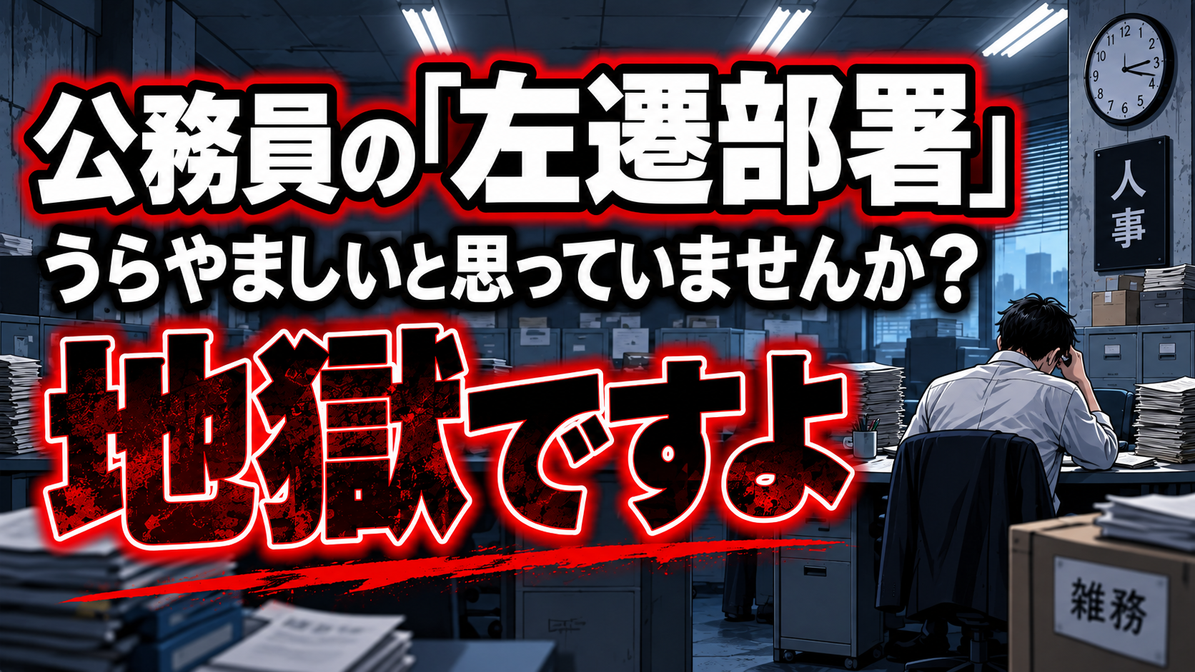「公務員の左遷部署 うらやましいと思っていませんか？地獄ですよ」という赤と白の大きなテキストと、薄暗いオフィスで頭を抱えてデスクに向かう男性職員のイラスト（ce47a51b-8348-4fcb-a478-dd0c6a3b531e.png）